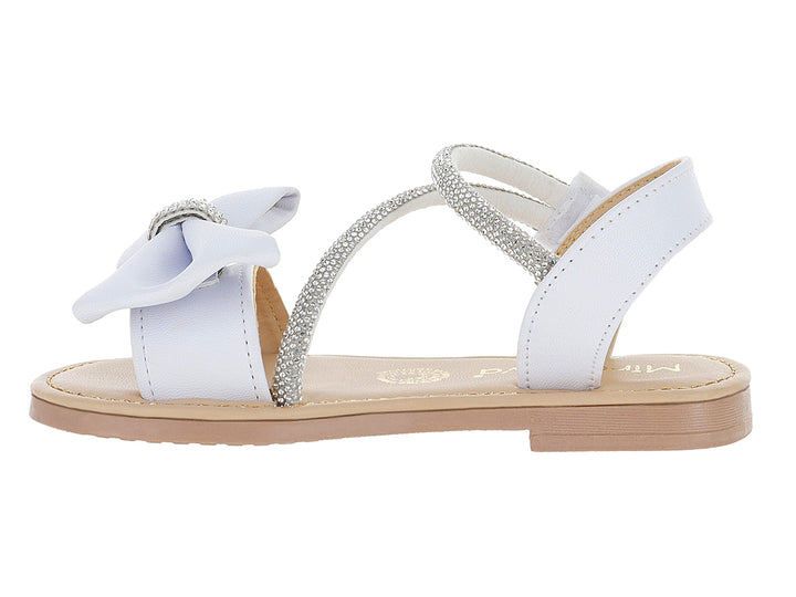 Sandalias blancas para niña con detalle de moño y correa con glitter plateado.
