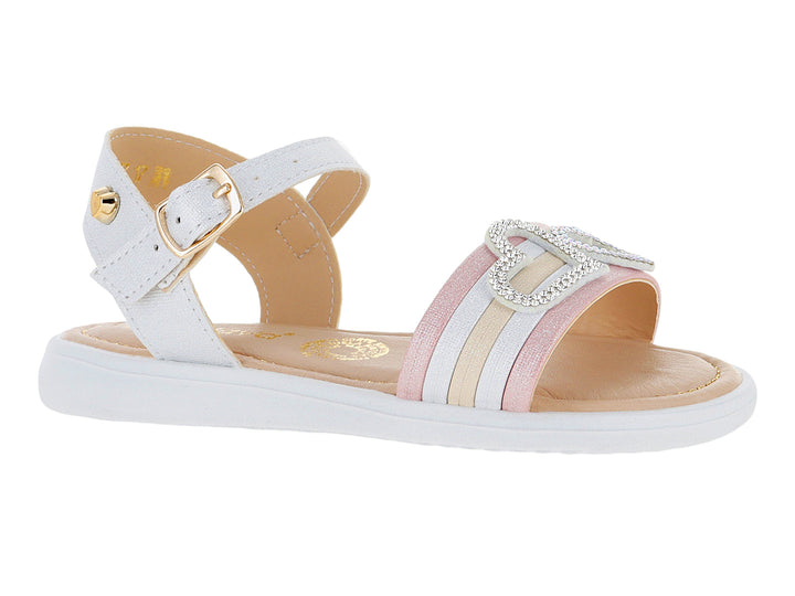 Sandalia para niña color plata con tiras decorativas en rosa y amarillo y adorno de corazón con brillantes.