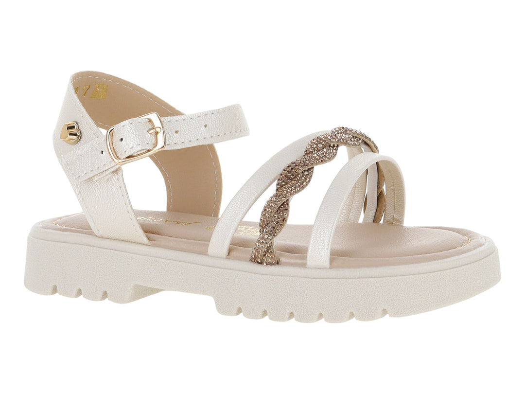 Sandalias color blanco crema con plataforma y detalle trenzado brillante.