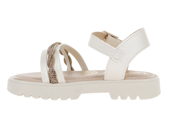 Sandalias color blanco crema con plataforma y detalle trenzado brillante.