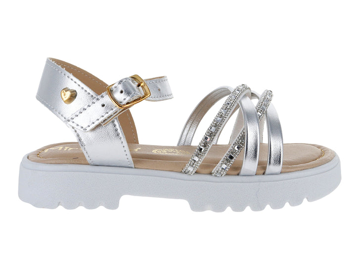 Sandalia para niña color plata metalizado con plataforma blanca y detalles brillantes.