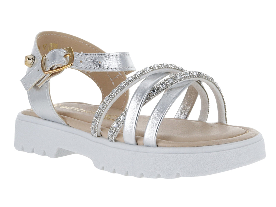 Sandalia para niña color plata metalizado con plataforma blanca y detalles brillantes.