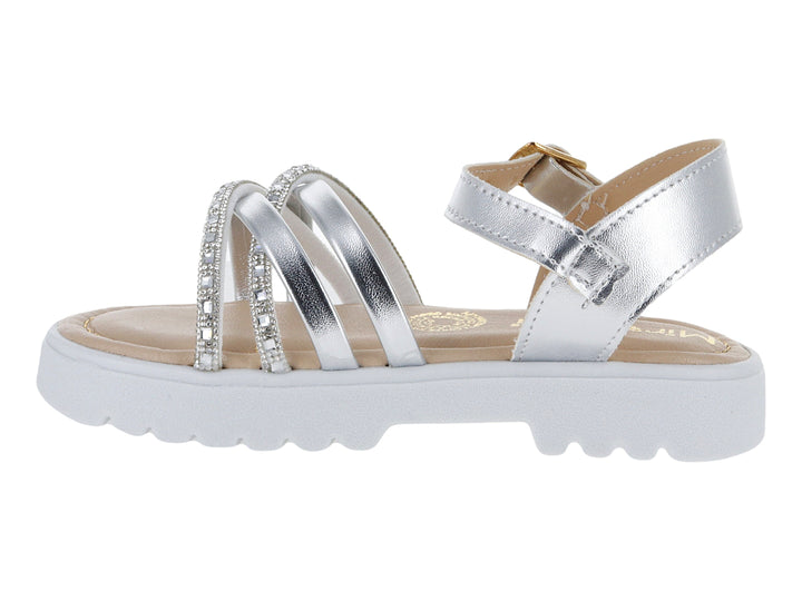 Sandalia para niña color plata metalizado con plataforma blanca y detalles brillantes.