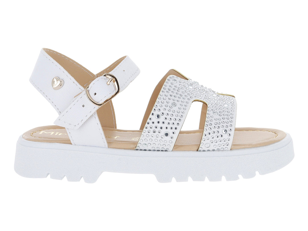 Sandalias blancas para niña con detalles brillantes y suela de plataforma blanca.