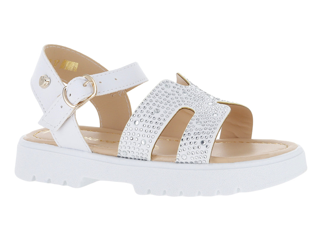 Sandalias blancas para niña con detalles brillantes y suela de plataforma blanca.