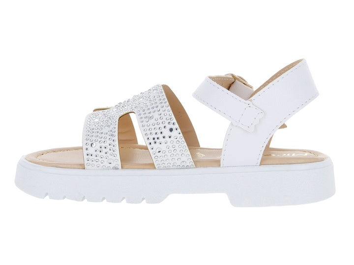 Sandalias blancas para niña con detalles brillantes y suela de plataforma blanca.
