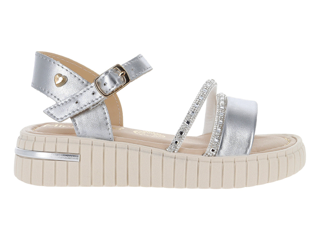 Sandalia para niña color plata con plataforma beige y detalles brillantes.