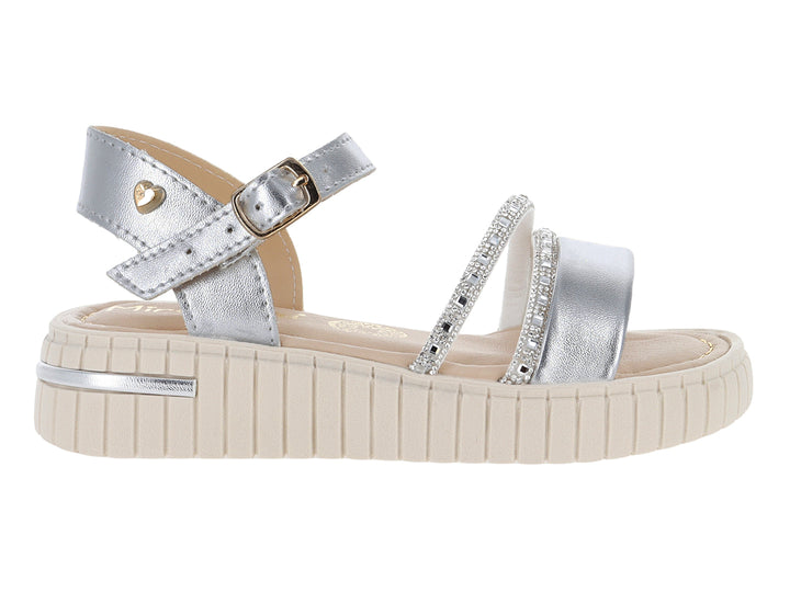 Sandalia para niña color plata con plataforma beige y detalles brillantes.