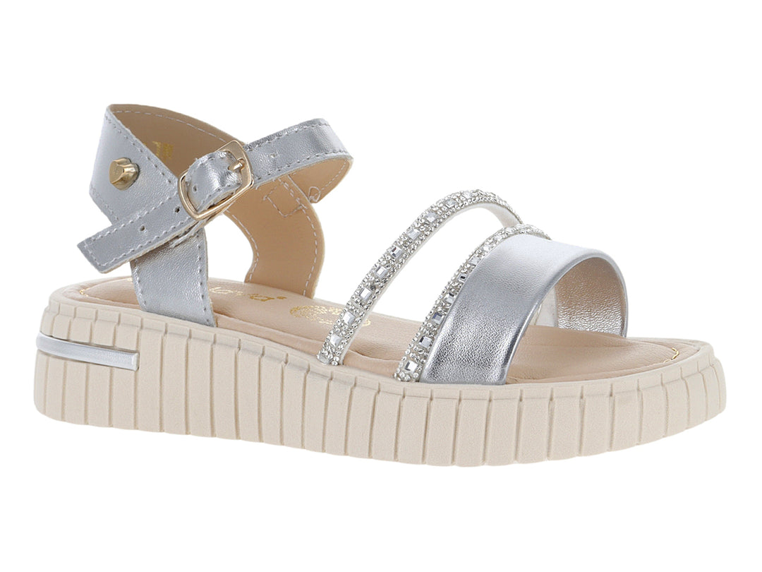 Sandalia para niña color plata con plataforma beige y detalles brillantes.