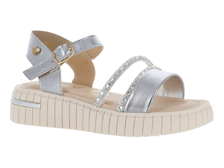 Sandalia para niña color plata con plataforma beige y detalles brillantes.