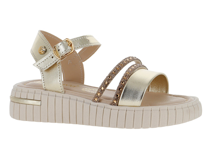 Sandalias Miroslava color oro inglés con suela de plataforma beige y detalles brillantes en las tiras.
