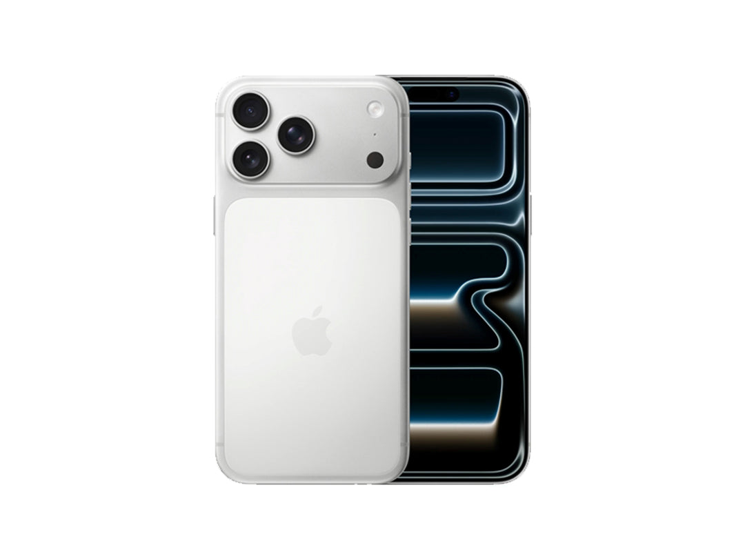 iPhone 17 Pro Max color plata, vista frontal y trasera sobre fondo blanco.