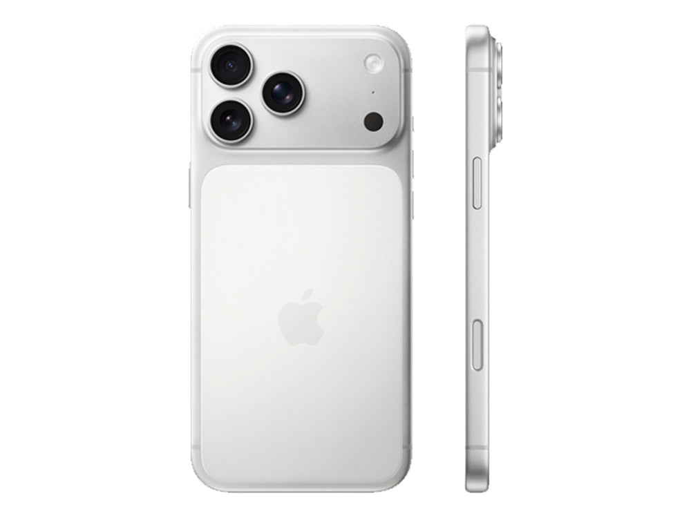 iPhone 17 Pro Max color plata, vista frontal y trasera sobre fondo blanco.