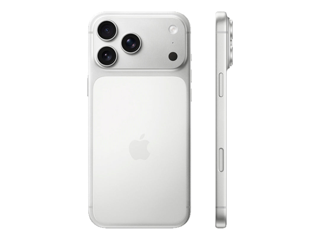 iPhone 17 Pro Max color plata, vista frontal y trasera sobre fondo blanco.
