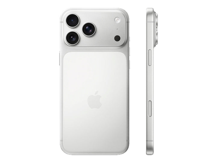 iPhone 17 Pro Max color plata, vista frontal y trasera sobre fondo blanco.