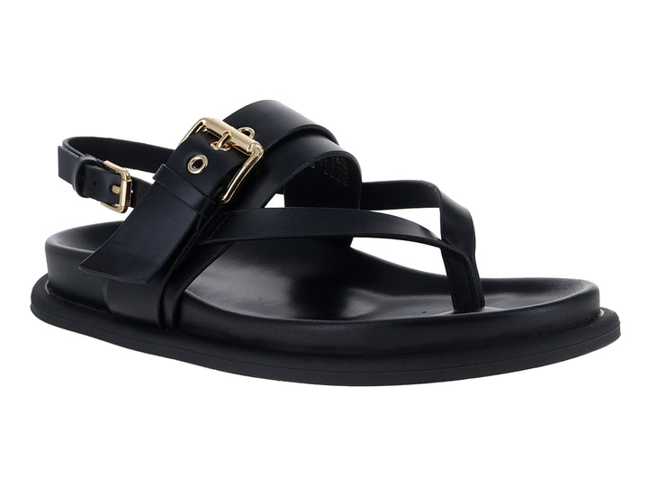 Sandalia plana de color negro con tiras cruzadas y hebillas doradas.