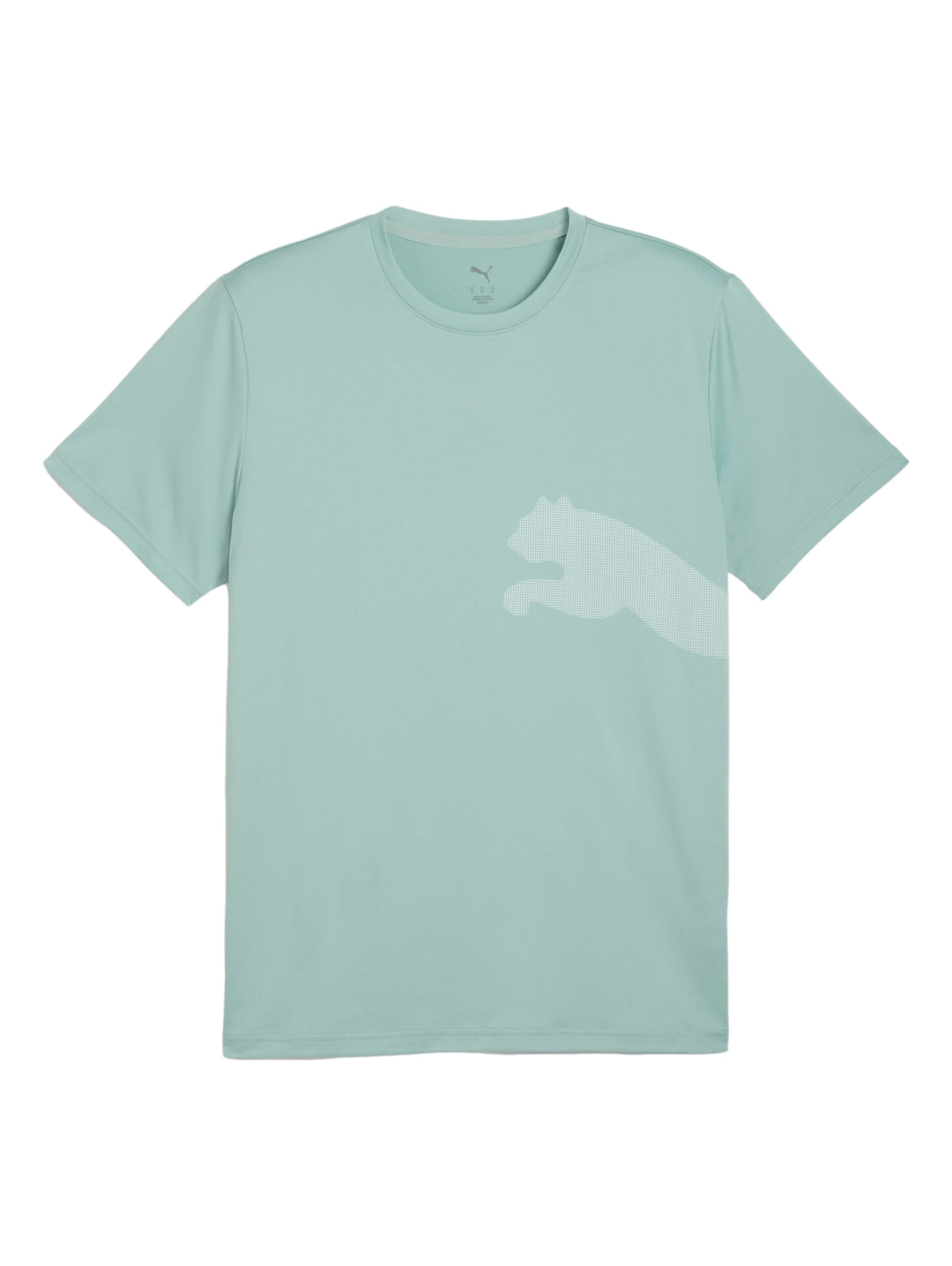 Camiseta deportiva PUMA de color verde claro con logotipo grande en tono similar en el pecho.
