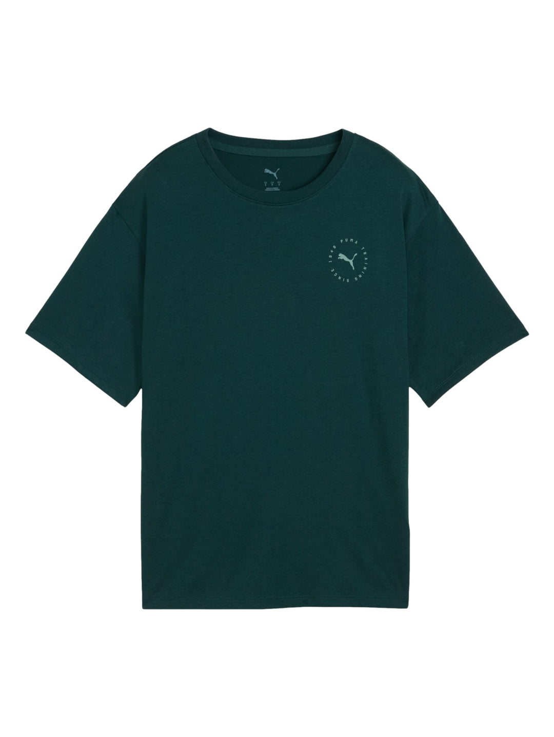 Playera PUMA de color verde oscuro con un pequeño logotipo gráfico en el pecho.