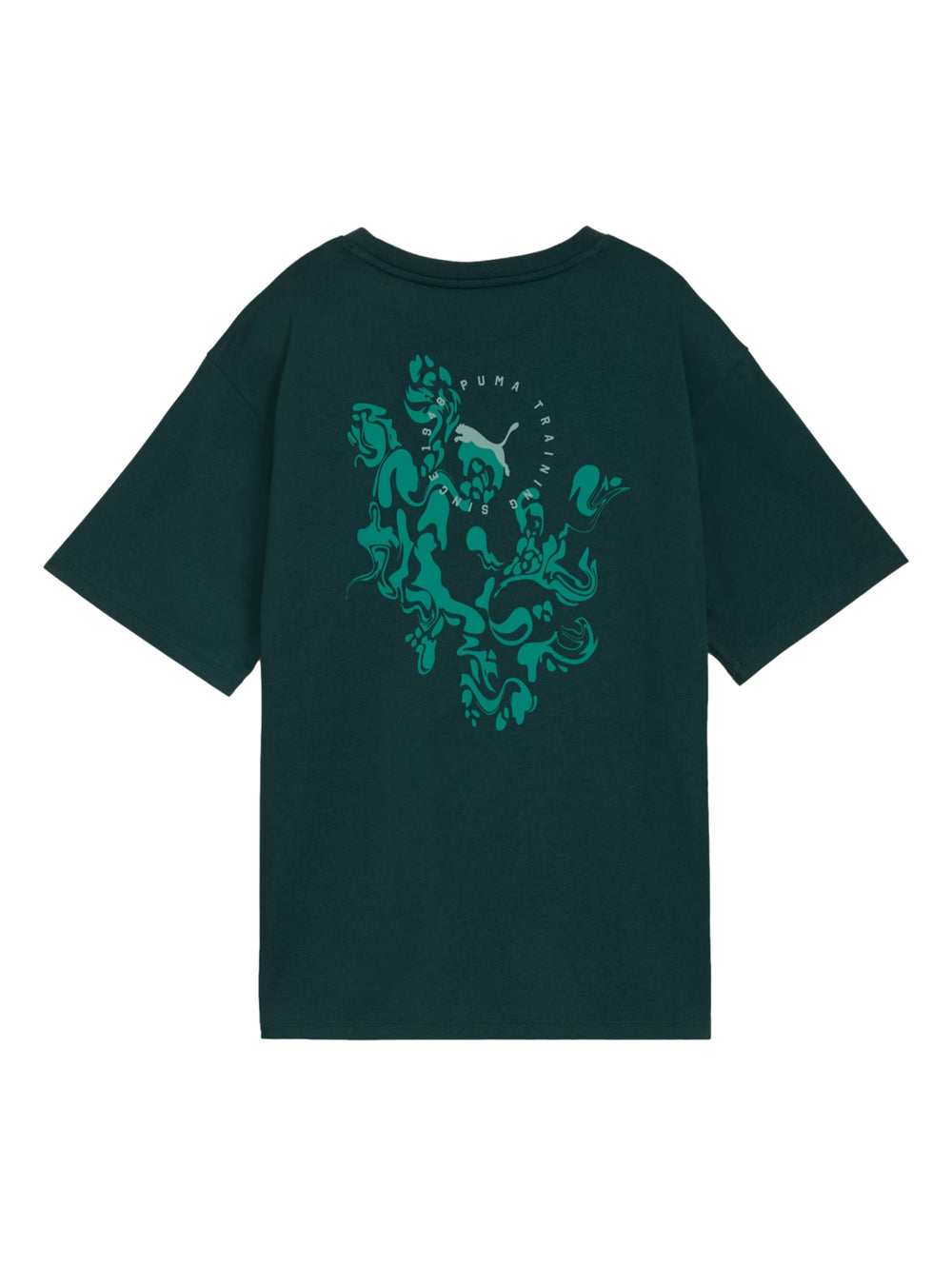 Playera PUMA de color verde oscuro con un pequeño logotipo gráfico en el pecho.