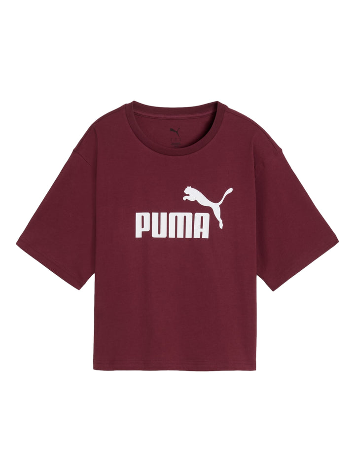 Camiseta cropped color rojo rubí con logotipo de PUMA en blanco en el pecho.