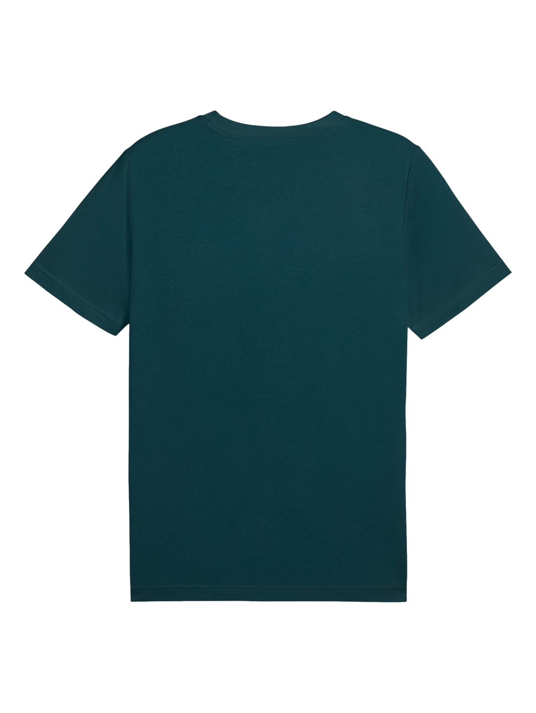 Hombre vistiendo una playera PUMA de color verde terrain con logotipo blanco en el pecho.