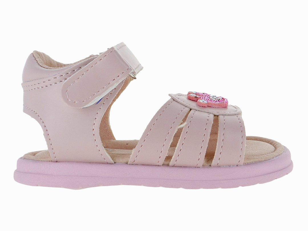 Sandalia para niña color beige y rosa con detalle brillante y correa de velcro.