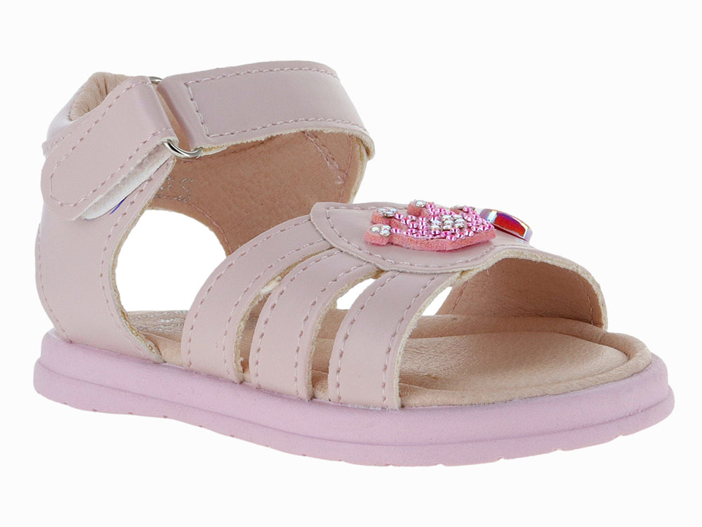 Sandalia para niña color beige y rosa con detalle brillante y correa de velcro.