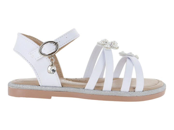 Sandalia blanca para niña con adornos de flores brillantes y suela plateada.