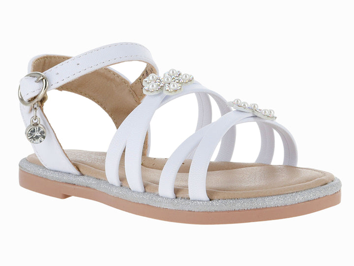 Sandalia blanca para niña con adornos de flores brillantes y suela plateada.