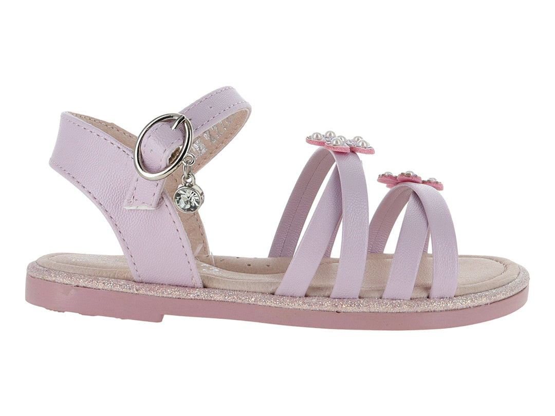 Sandalia rosa para niña con tiras, detalles de flores con brillantes y suela con glitter.
