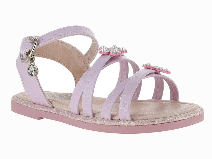 Sandalia rosa para niña con tiras, detalles de flores con brillantes y suela con glitter.