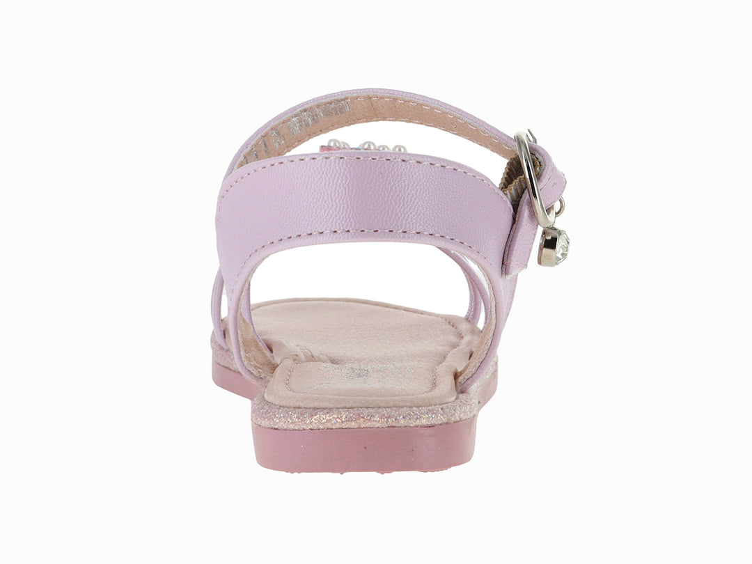 Sandalia rosa para niña con tiras, detalles de flores con brillantes y suela con glitter.