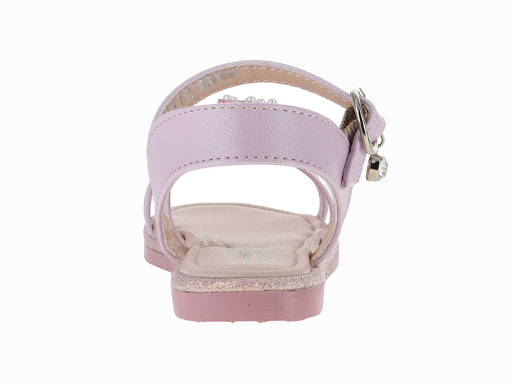 Sandalia rosa para niña con tiras, detalles de flores con brillantes y suela con glitter.