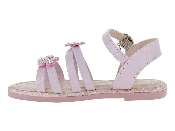 Sandalia rosa para niña con tiras, detalles de flores con brillantes y suela con glitter.