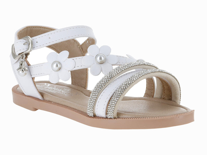 Sandalia blanca para Niña con adornos de flores y tiras brillantes en la parte frontal.