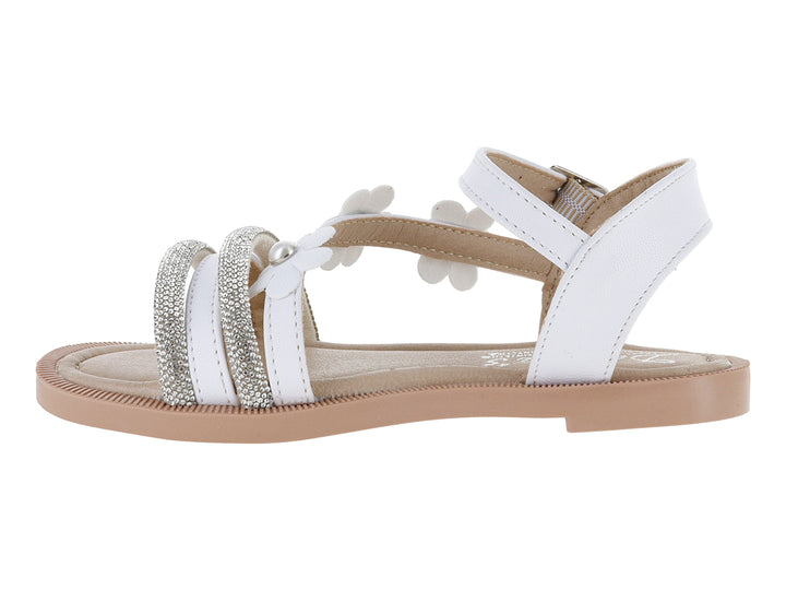 Sandalia blanca para Niña con adornos de flores y tiras brillantes en la parte frontal.