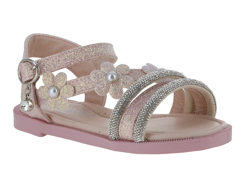 Sandalias rosas para niña con acabado brillante, adornos de flores con perlas y tiras decoradas con glitter.