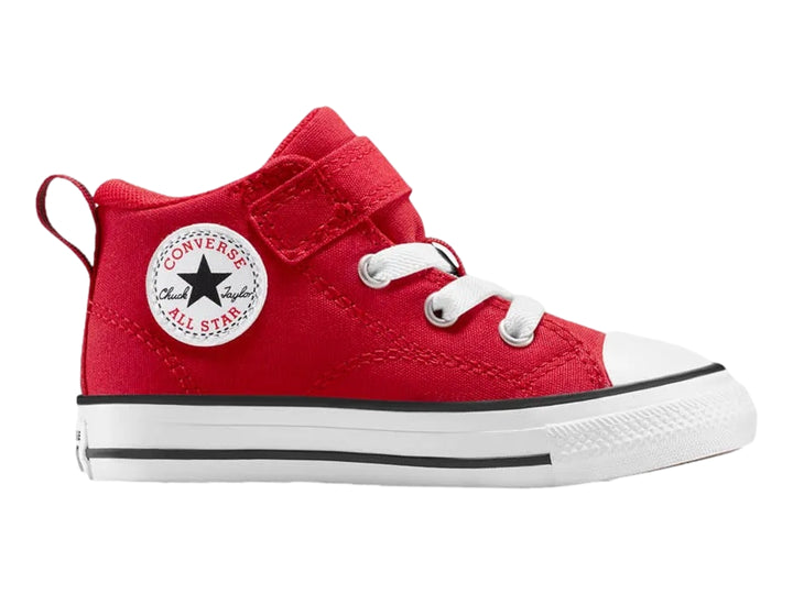 Tenis Converse rojos para niño con suela blanca y cierre de velcro.