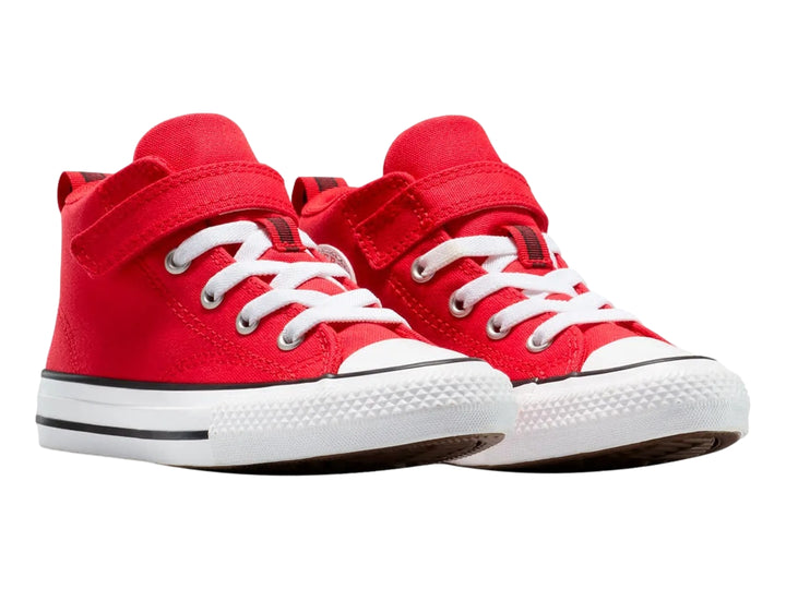 Tenis Converse rojos para niño con suela blanca y cierre de velcro.