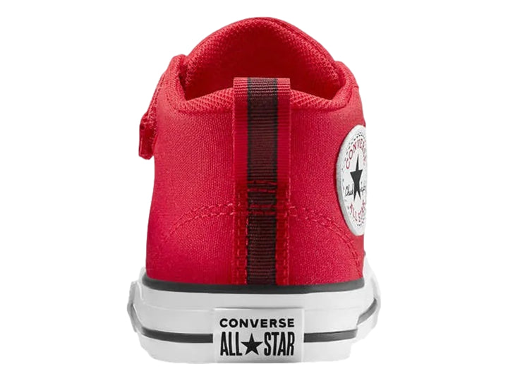 Tenis Converse rojos para niño con suela blanca y cierre de velcro.