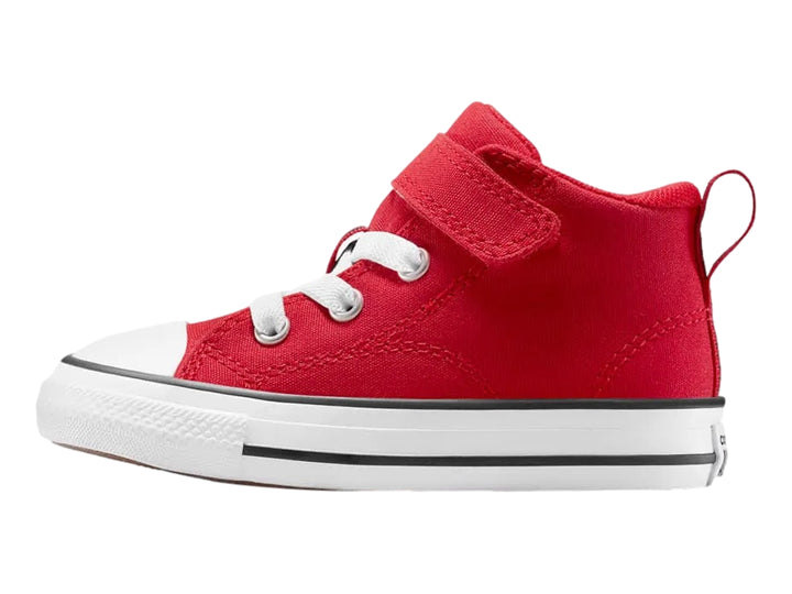 Tenis Converse rojos para niño con suela blanca y cierre de velcro.