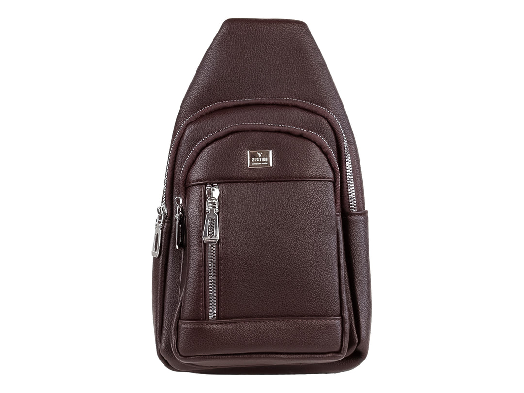 Bolso cruzado Felianna color marrón oscuro con textura rugosa y cierres plateados.