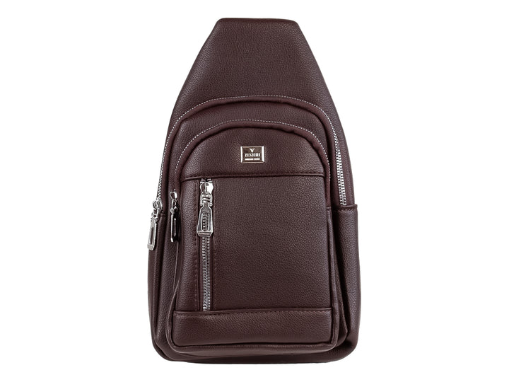 Bolso cruzado Felianna color marrón oscuro con textura rugosa y cierres plateados.