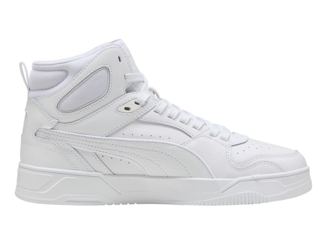 Tenis PUMA RBD Break Mid color blanco, diseño deportivo de corte medio con cordones.