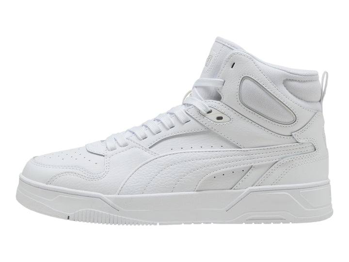 Tenis PUMA RBD Break Mid color blanco, diseño deportivo de corte medio con cordones.