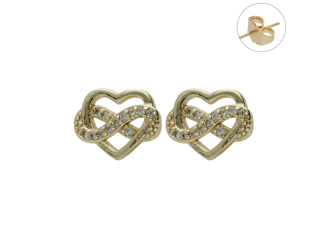 Par de aretes dorados en forma de corazón entrelazado con incrustaciones de brillantes.