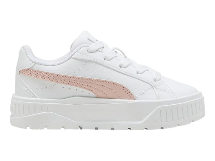 Tenis PUMA blancos con detalle lateral rosa y suela de plataforma.
