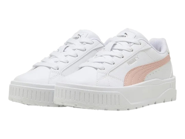 Tenis PUMA blancos con detalle lateral rosa y suela de plataforma.