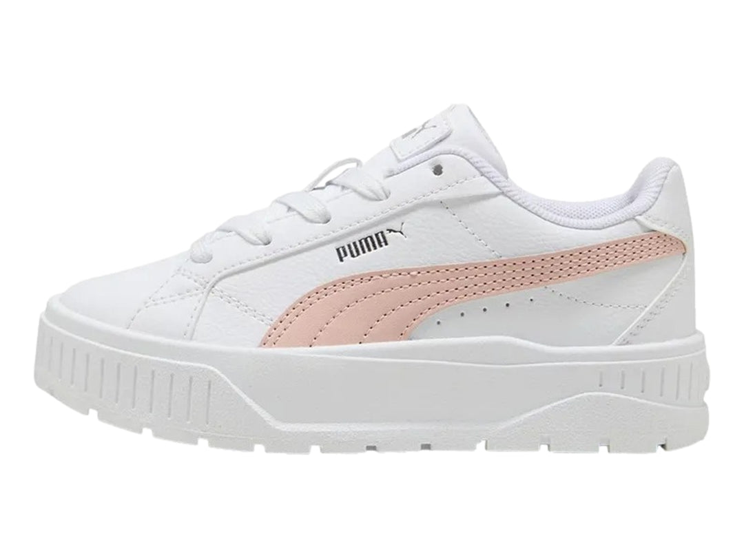 Tenis PUMA blancos con detalle lateral rosa y suela de plataforma.
