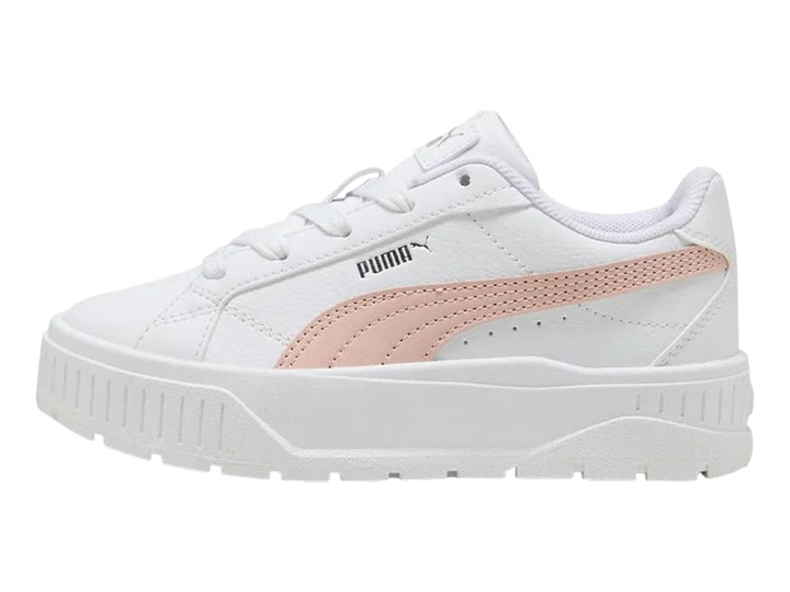Tenis PUMA blancos con detalle lateral rosa y suela de plataforma.